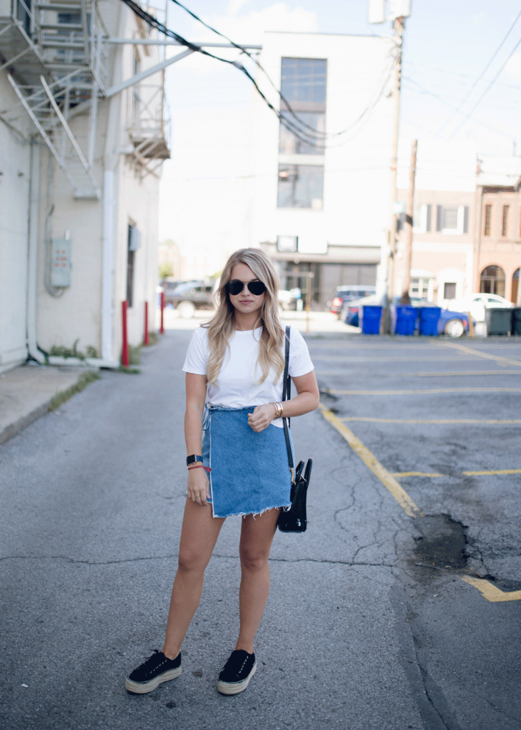 Denim Wrap Skirt + Platform Espadrille Sneakers | Maddie Duff